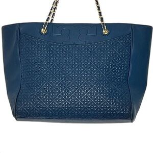 Tory Burch Tote Hudson Bay Navy Blue Gold Chain Bag